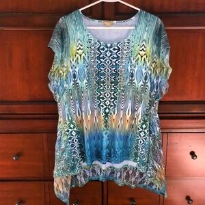 Blue & Green Tunic / Lace Accented Tunic / Abstract Print Top
